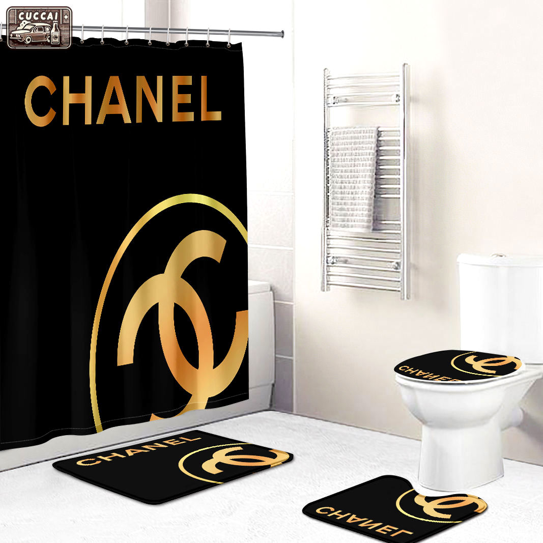 Chanel shower curtain coco black and gold gift luxury bath mat sets shower curtain 38 Bathroom Set