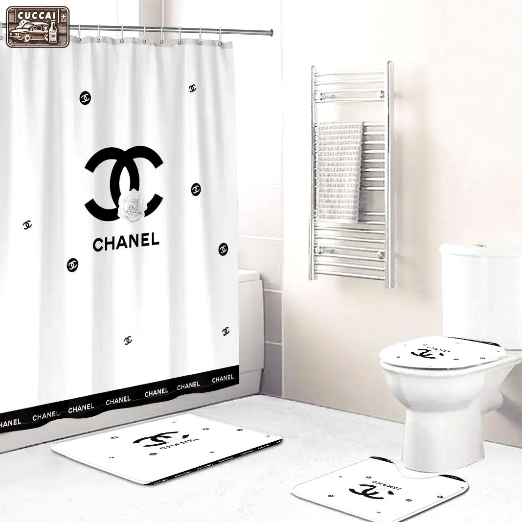Chanel shower curtain white and black flowers luxury bathroom set 86 Bathroom Set