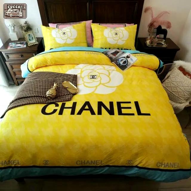 Chanel yellow roses bedding 3d printed bedding sets quilt sets duvet cover luxury brand bedding decor bedroom sets best luxury bed sets gift thankgivings and christmas Bedding Sets
