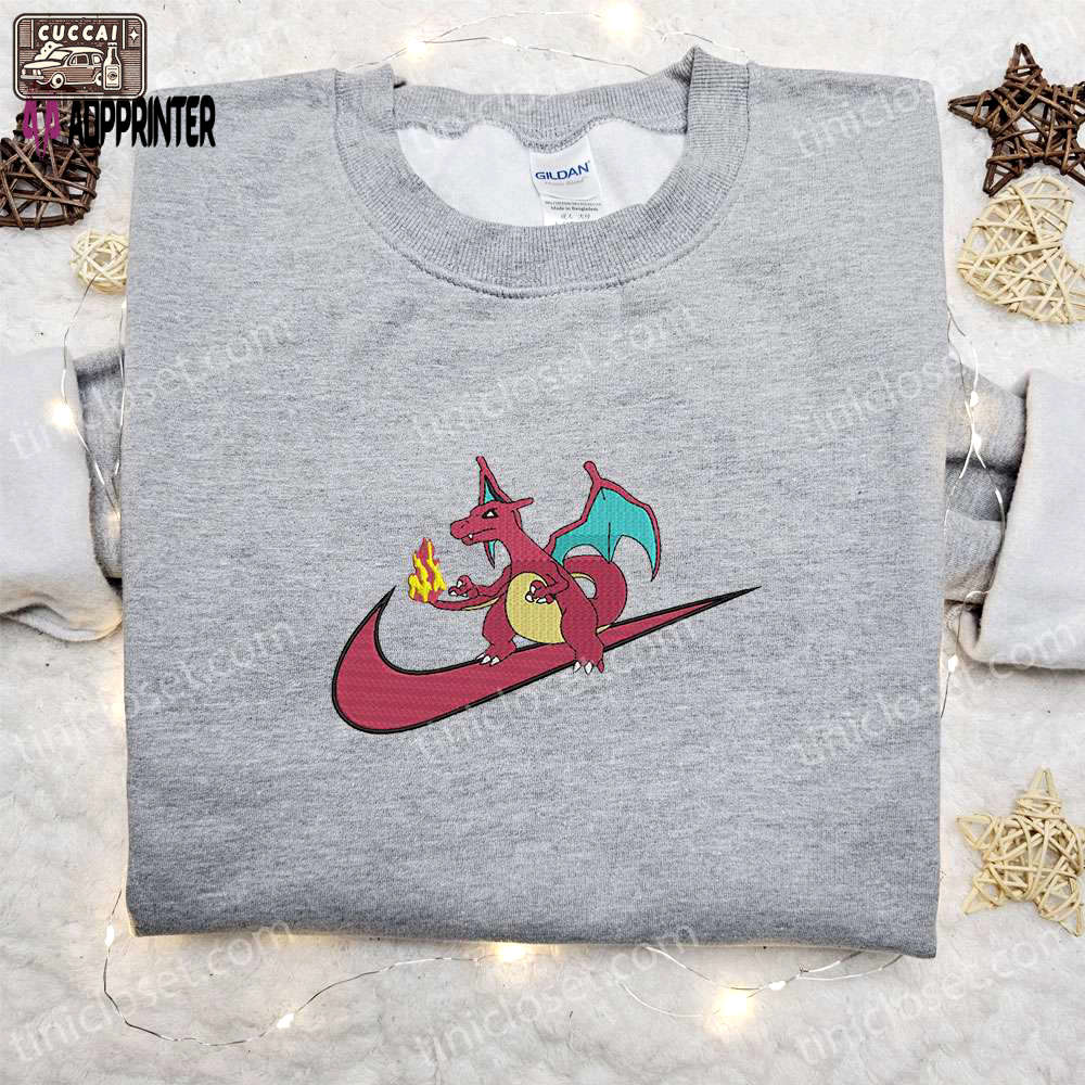 Charizard x nike anime sweatshirt: embroidered pokemon & nike inspired shirt Embroidered Shirt