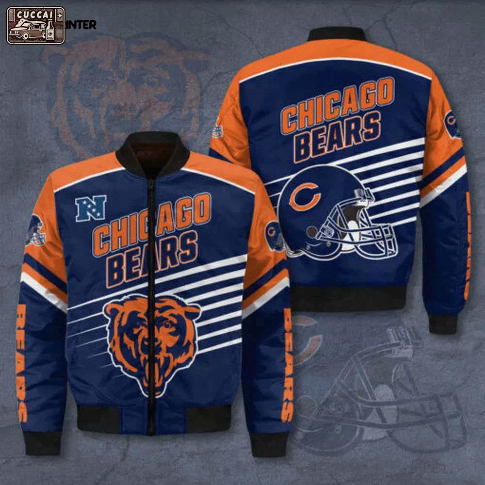 Chicago bears 3d logo pattern bomber jacket – blue and orange Bomber Jacket