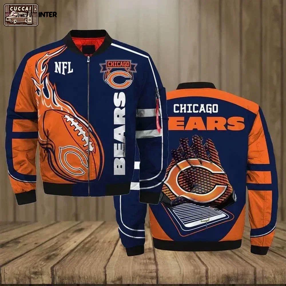 Chicago bears team logo pattern bomber jacket – orange and navy blue Bomber Jacket