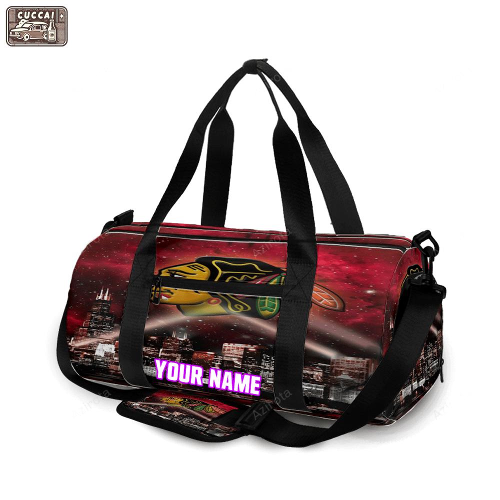 Chicago blackhawks emblem city night personalized name travel bag gym bag 503 Travel Bag