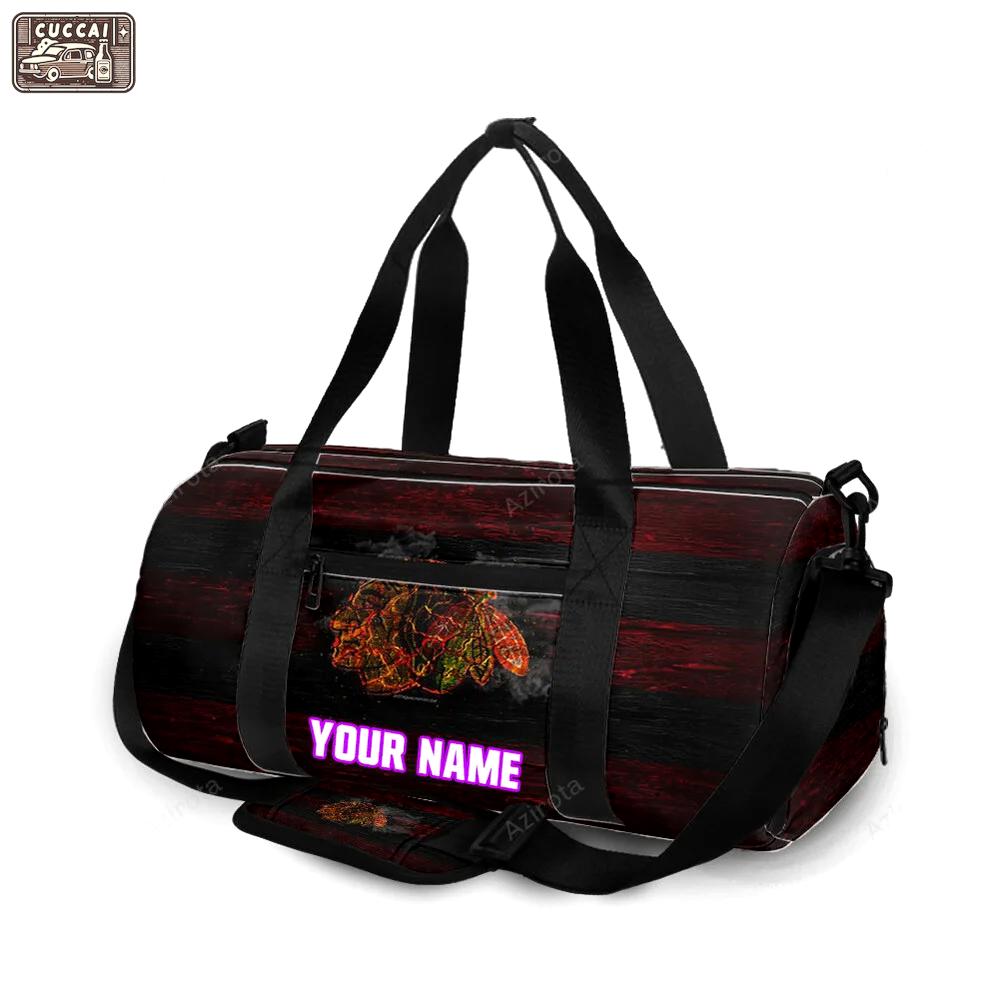 Chicago blackhawks emblem wood burning personalized name travel bag gym bag 320 Travel Bag