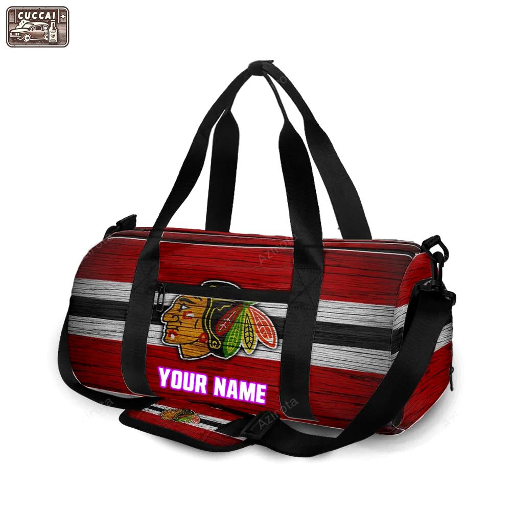 Chicago blackhawks emblem wood2 personalized name travel bag gym bag 1552 Travel Bag