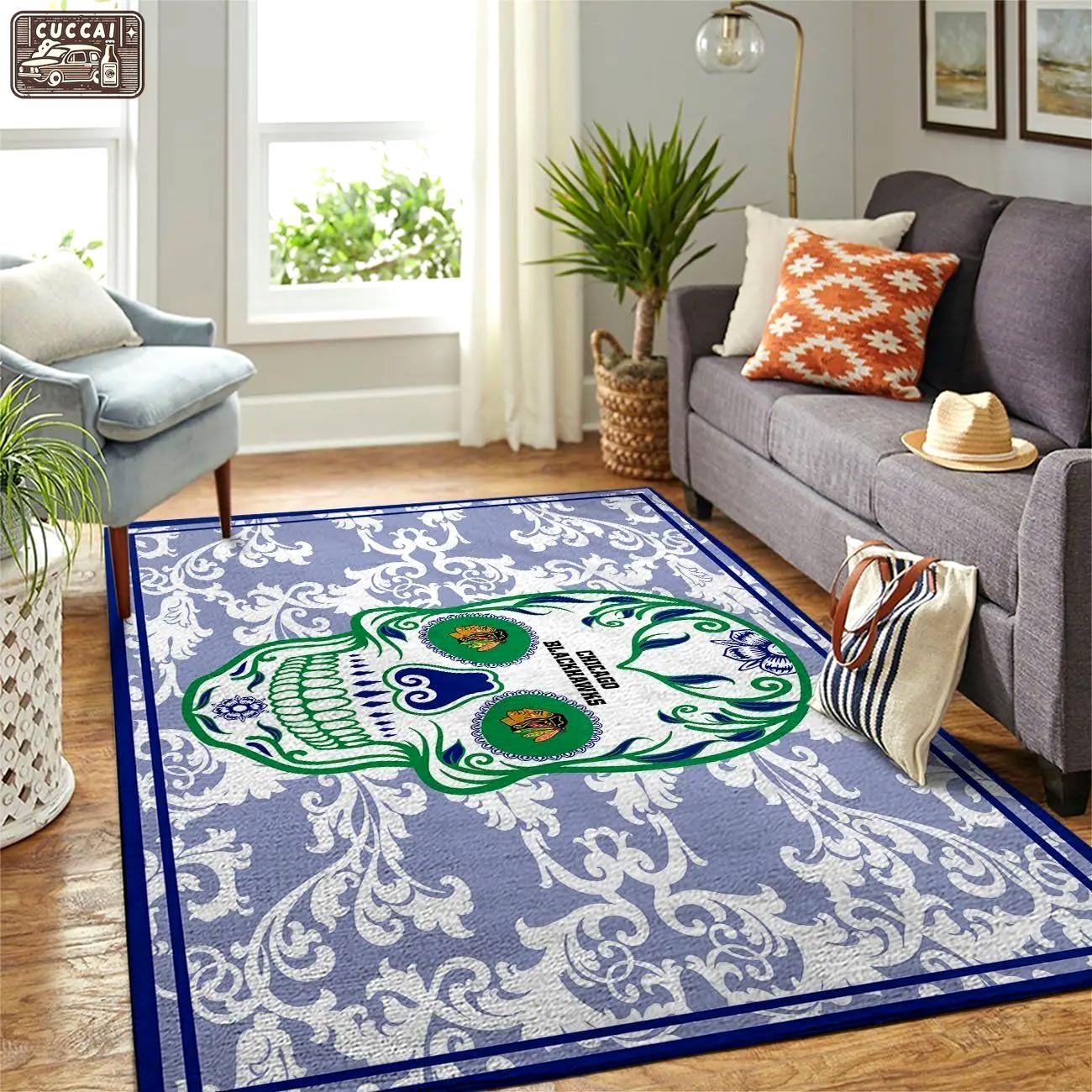 Chicago blackhawks nhl area rugs skull flower style living room regtangle carpet Rectangle Rug