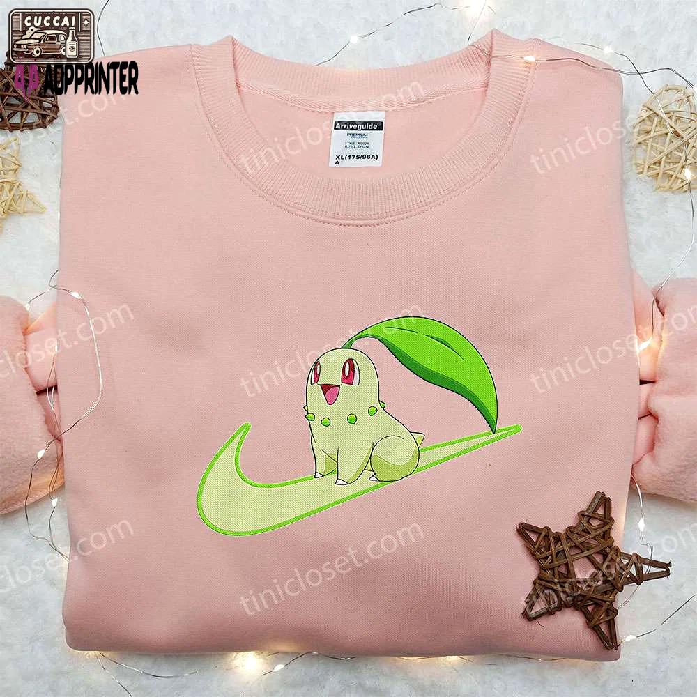 Chikorita x nike swoosh anime hoodie pokemon & nike inspired embroidered shirts Embroidered Shirt