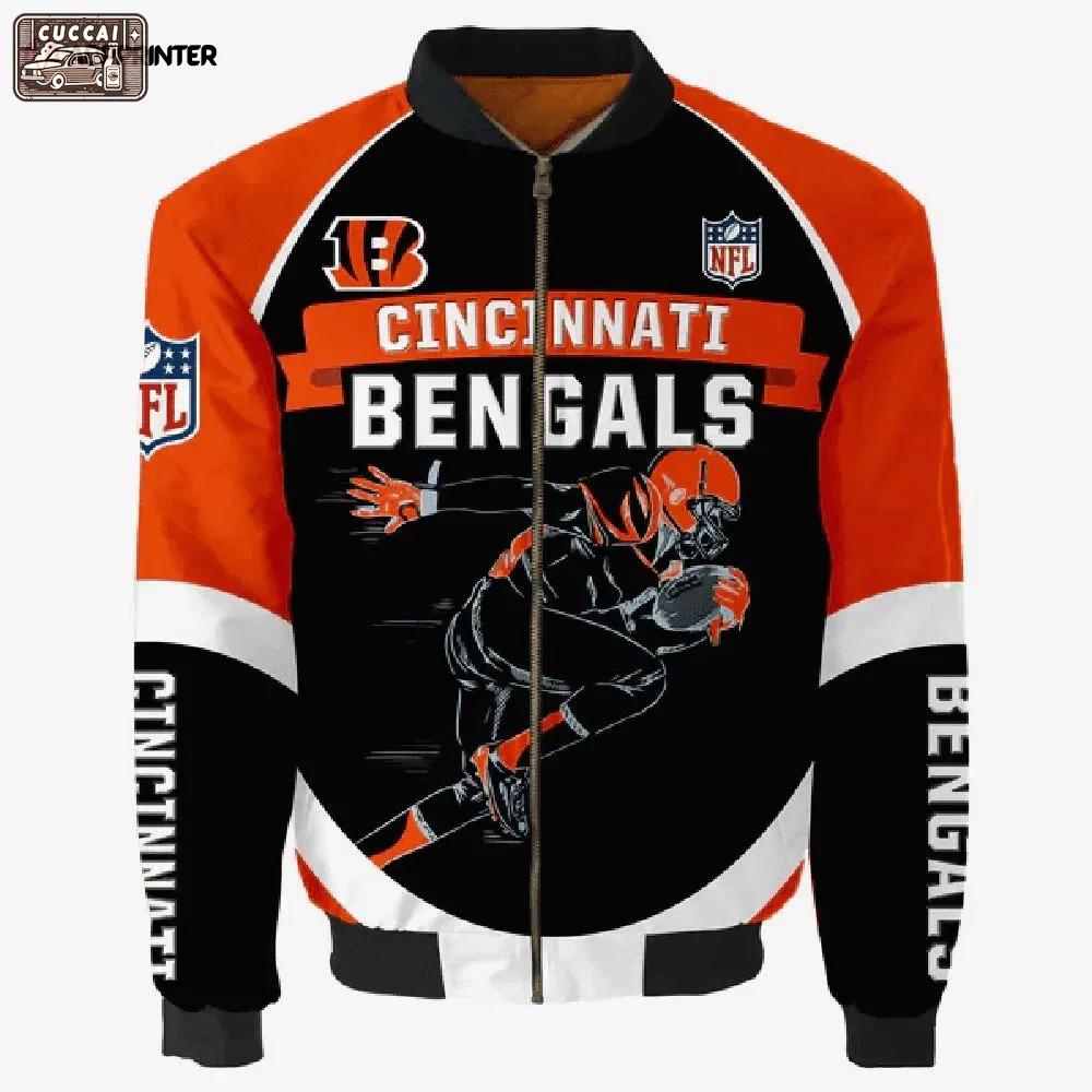 Cincinnati bengals team logo pattern bomber jacket – orange and black Bomber Jacket