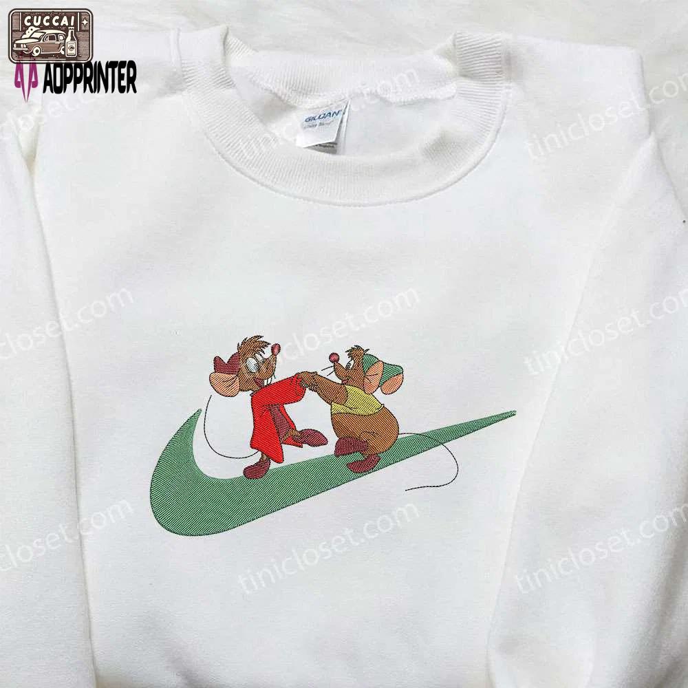 Cinderella jaq and gus x nike swoosh embroidered shirt – disney custom nike tee Embroidered Shirt
