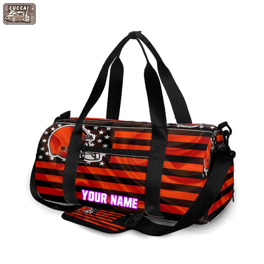 Cleveland browns logo with american flag personalized name travel bag gym bag 1886 Travel Bag