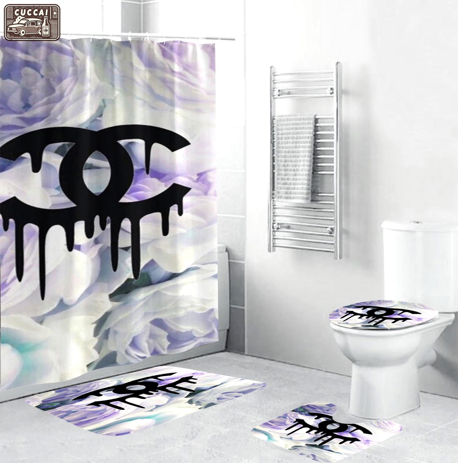 Coco chanel black drippingin floral background hypebeast luxury fashion brand bath mat bathroom sets home decor Bathroom Set
