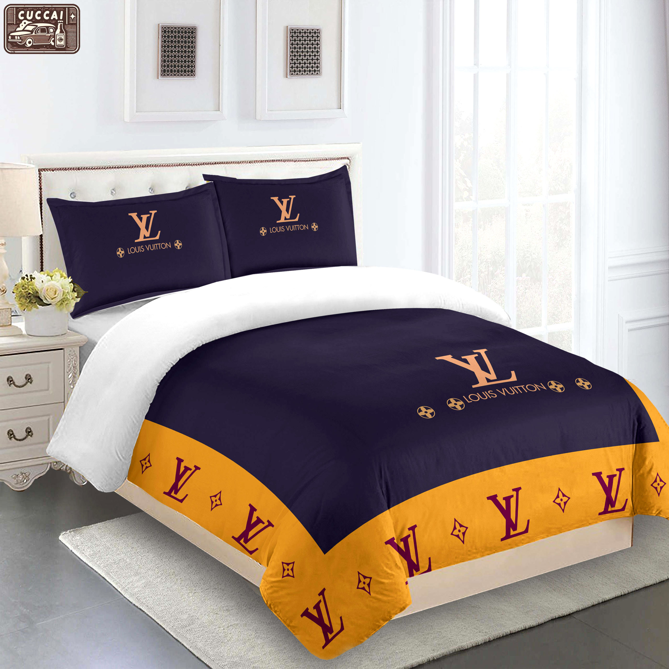 Comforter sets blue and yellow louis vuitton bedding set  home decoration Bedding Sets