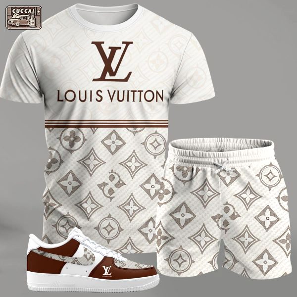 Cream monogram streetwear set for men, logo-print t-shirt and matching shorts with brown accent sneakers T-Shirt Short Sneakers Set