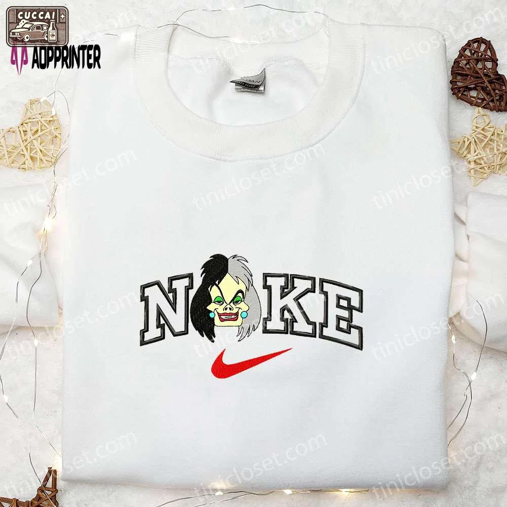 Cruella x nike cartoon embroidered shirt – iconic cruella de vil design for nike fans Embroidered Shirt