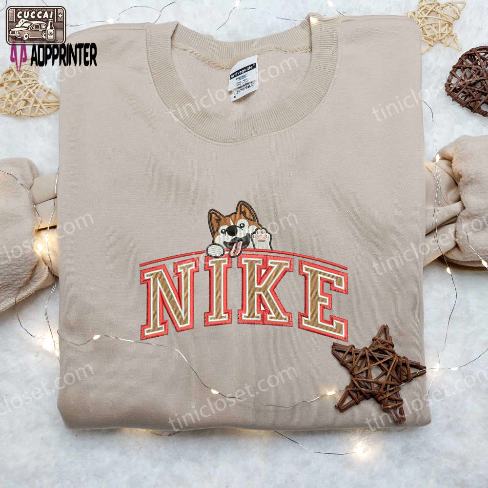 Custom corgi saying hi x nike embroidered shirt – animal embroidery for a unique look! Embroidered Shirt