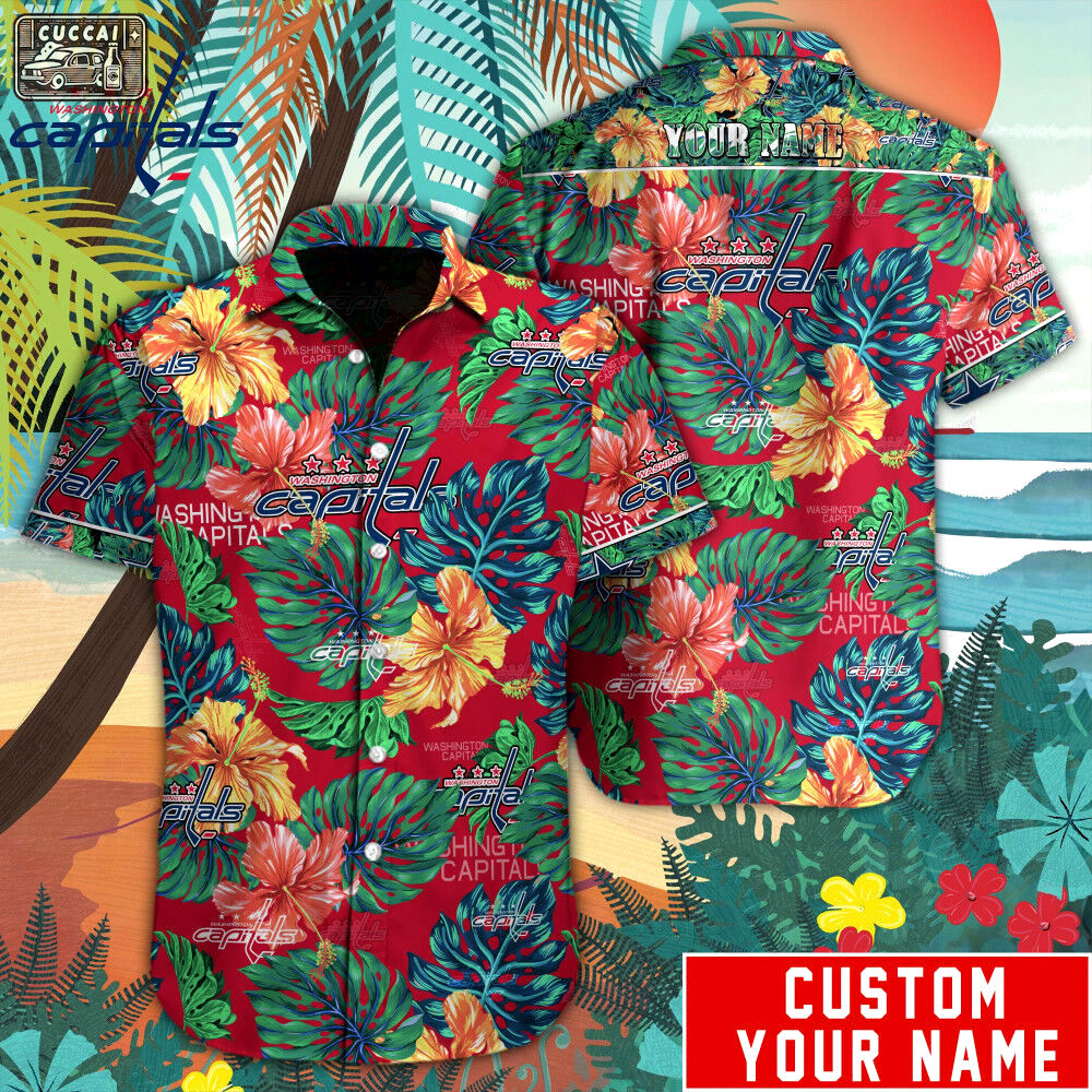 Customized washington capitals tropical floral hawaiian shirt Hawaii Shirt Shorts & Flip Flops