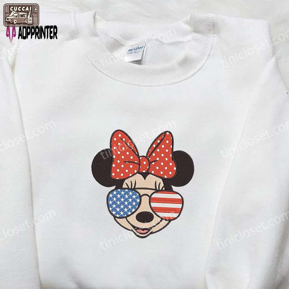Disney embroidered minnie mouse shirt: patriotic independence day design with america glasses Embroidered Shirt