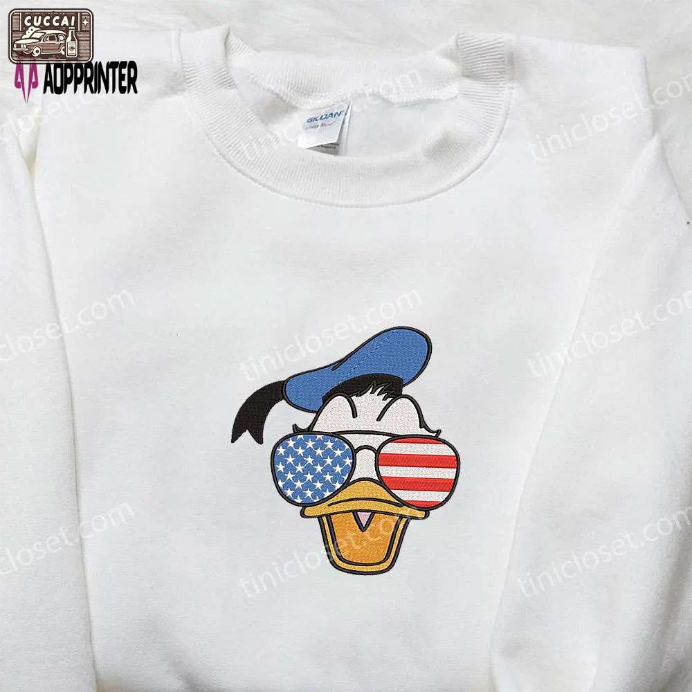 Donald duck embroidered shirt with american glasses – perfect disney national day gift Embroidered Shirt