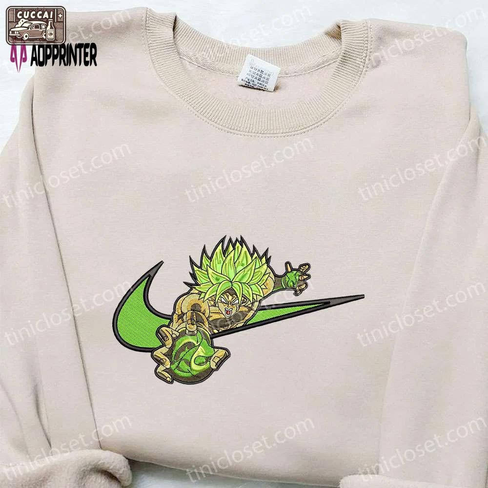 Dragon ball embroidered shirt: broly x nike swoosh anime tee nike inspired design Embroidered Shirt