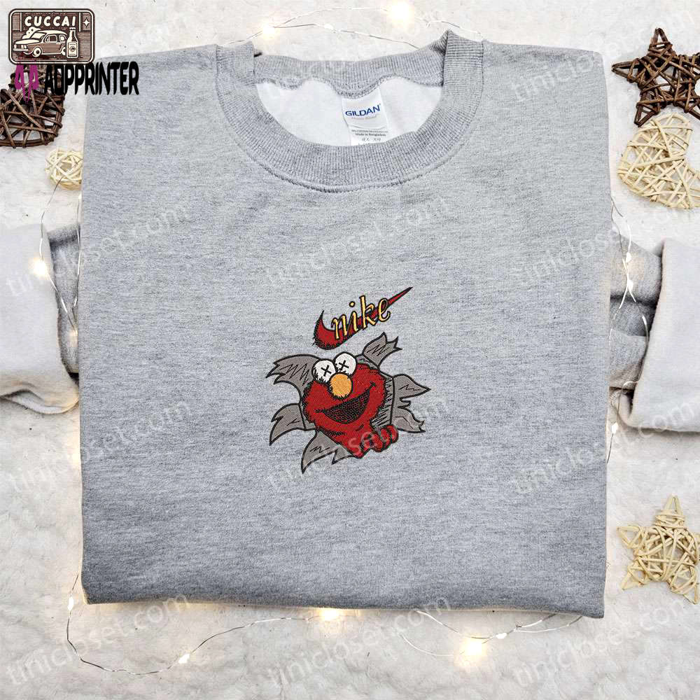 Elmo x swoosh cartoon sweatshirt: nike inspired embroidered shirt perfect birthday gift for family Embroidered Shirt