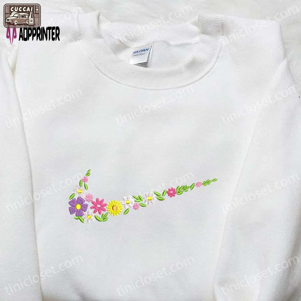 Flowers x nike swoosh embroidered shirt – nike inspired best gift for family Embroidered Shirt