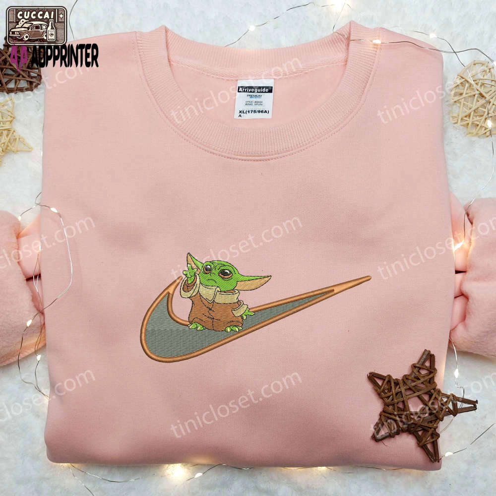 Flying baby yoda x nike embroidered shirt – custom cartoon star wars tee Embroidered Shirt