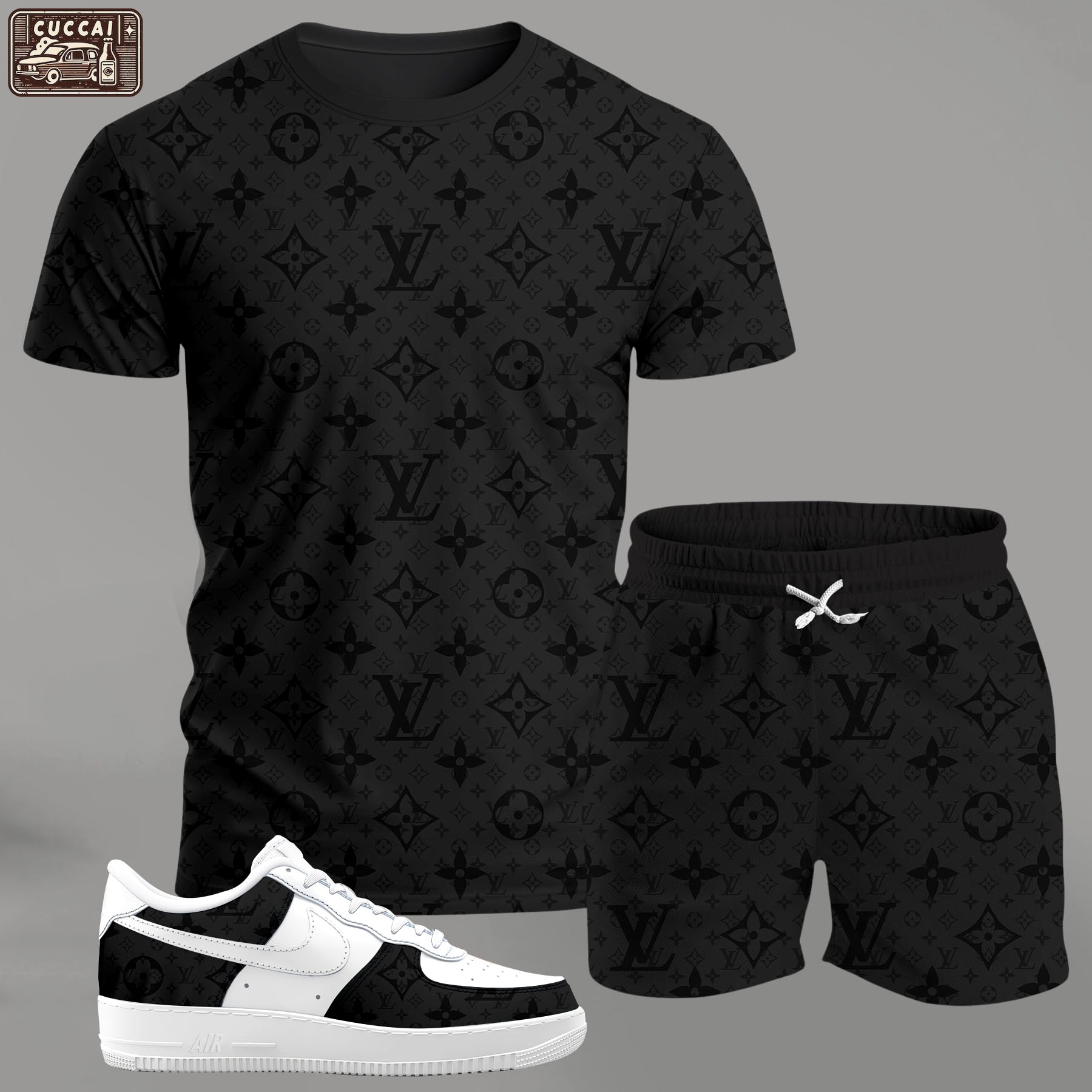 For the girls who love all-black minimal vibes, monogram graphic tee outfit t-shirt – dark tonal pattern | clean girl aesthetic outfit ideas T-Shirt Short Sneakers Set