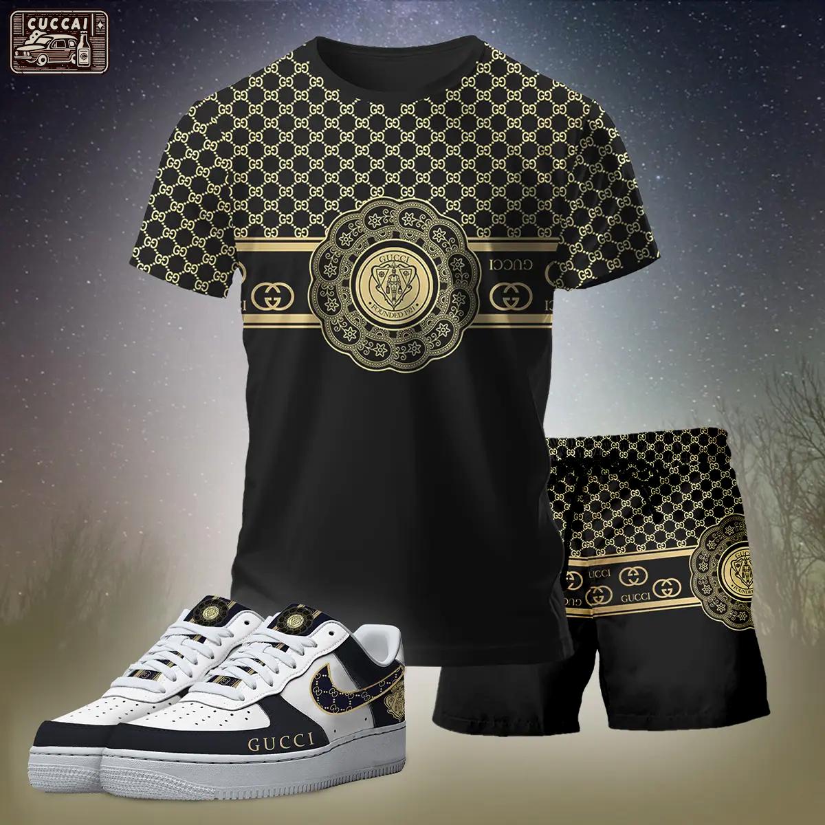 For the girls who love bold luxe black fits, minimal gold graphic tee outfit t-shirt – black monogram print | clean girl aesthetic outfit ideas T-Shirt Short Sneakers Set