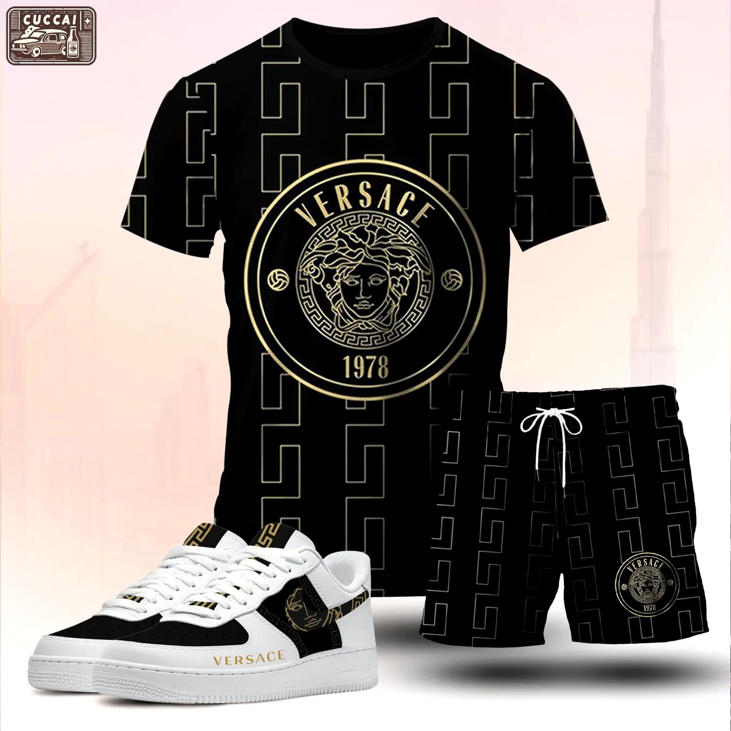 For the girls who love bold luxury streetwear, versace graphic tee set – black gold casual outfit with clean aesthetic T-Shirt Short Sneakers Set