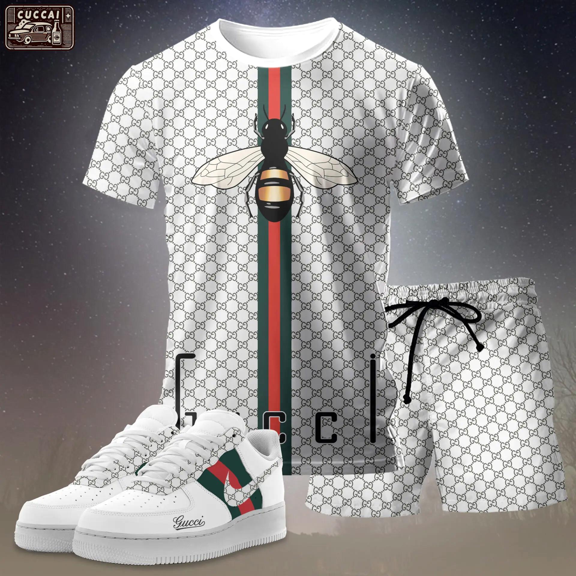 For the girls who love bold minimal statements, graphic bee stripe tee outfit t-shirt – white monogram print | clean girl aesthetic outfit ideas T-Shirt Short Sneakers Set