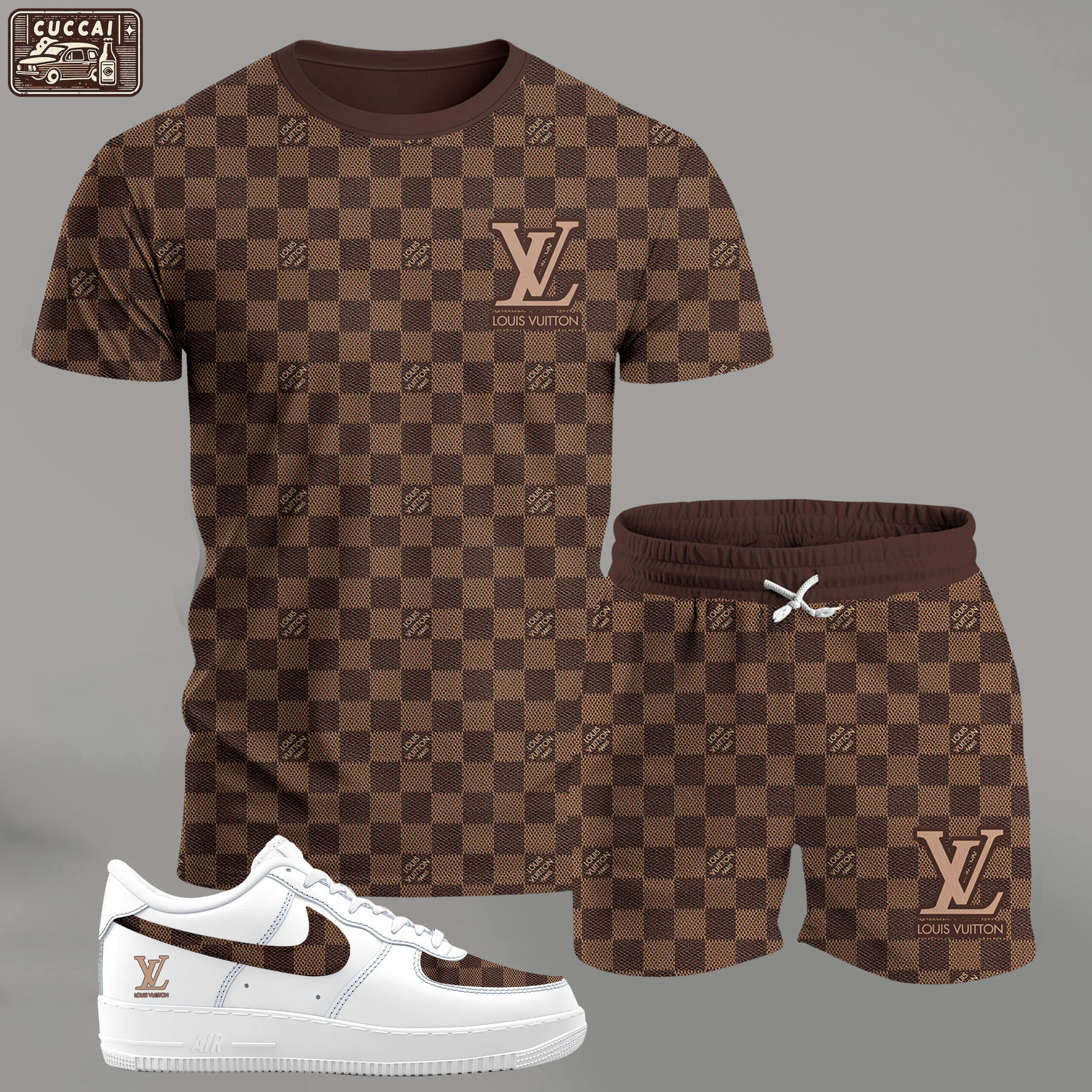 For the girls who love classic check patterns, brown all-over check outfit t-shirt set | minimal aesthetic everyday wear T-Shirt Short Sneakers Set