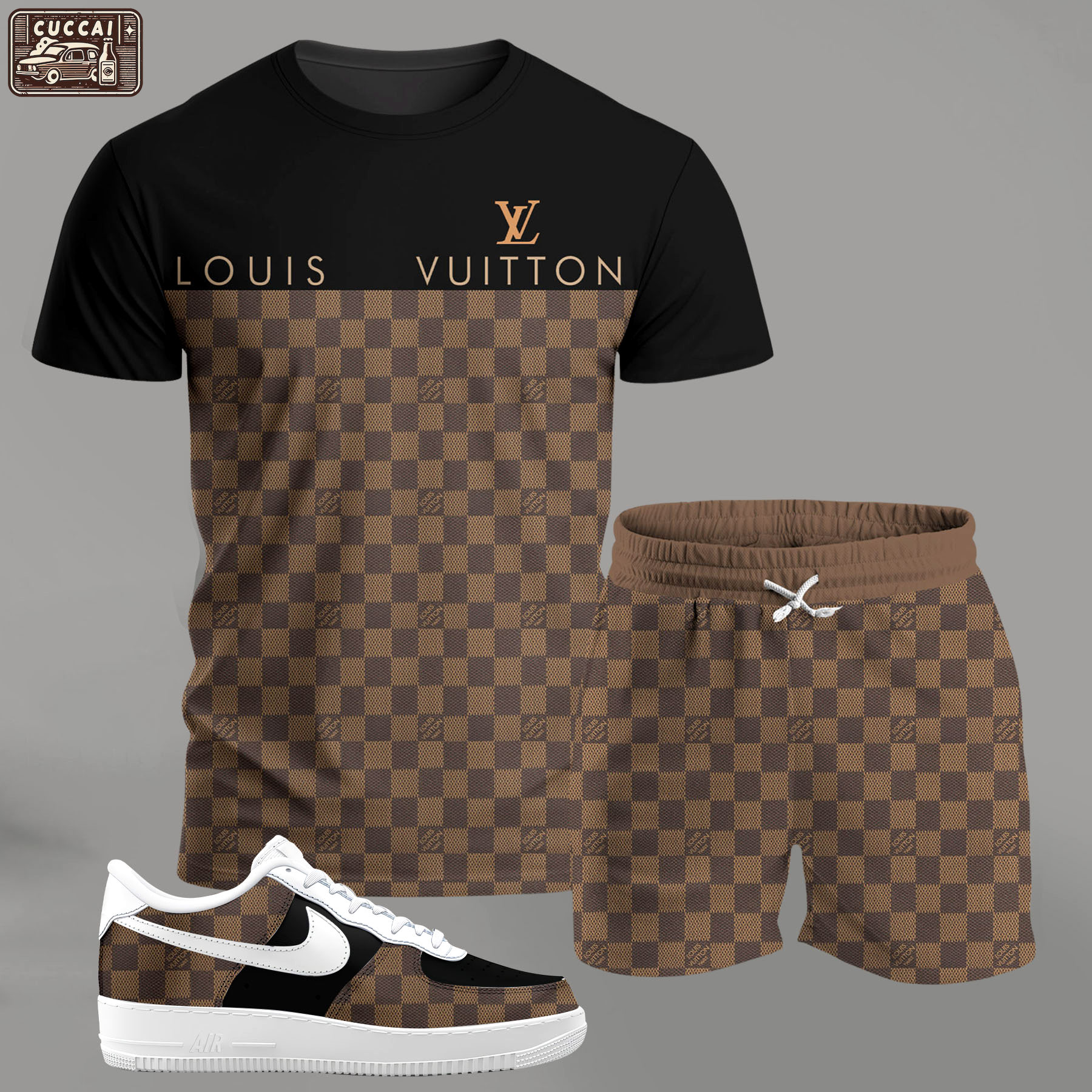 For the girls who love classic patterns, brown checkered outfit t-shirt set | minimal aesthetic everyday wear T-Shirt Short Sneakers Set