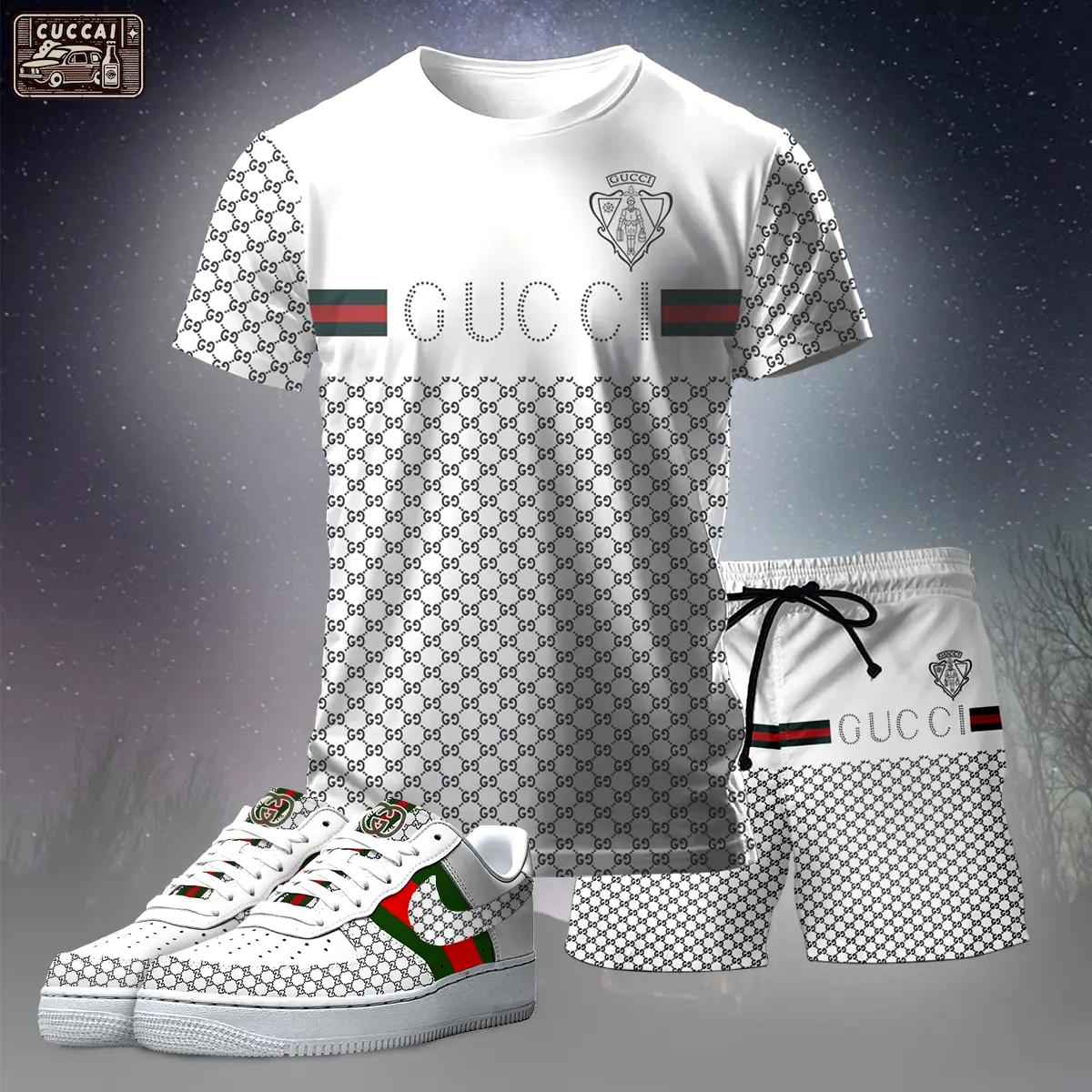 For the girls who love clean luxury streetwear, gucci inspired graphic tee set – white monogram casual everyday outfit T-Shirt Short Sneakers Set