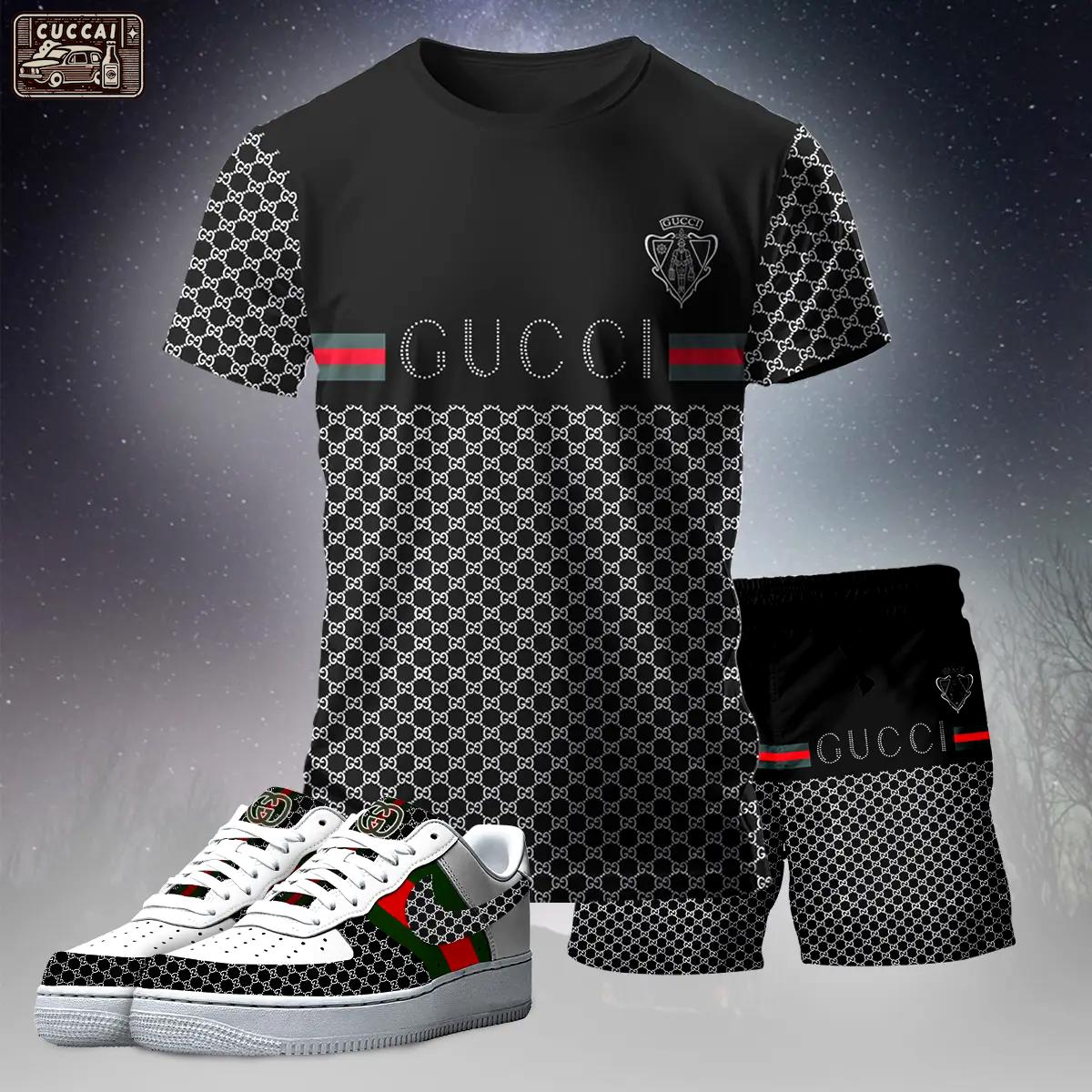 For the girls who love dark luxury streetwear, gucci graphic tee set – black casual everyday outfit with minimal edge T-Shirt Short Sneakers Set