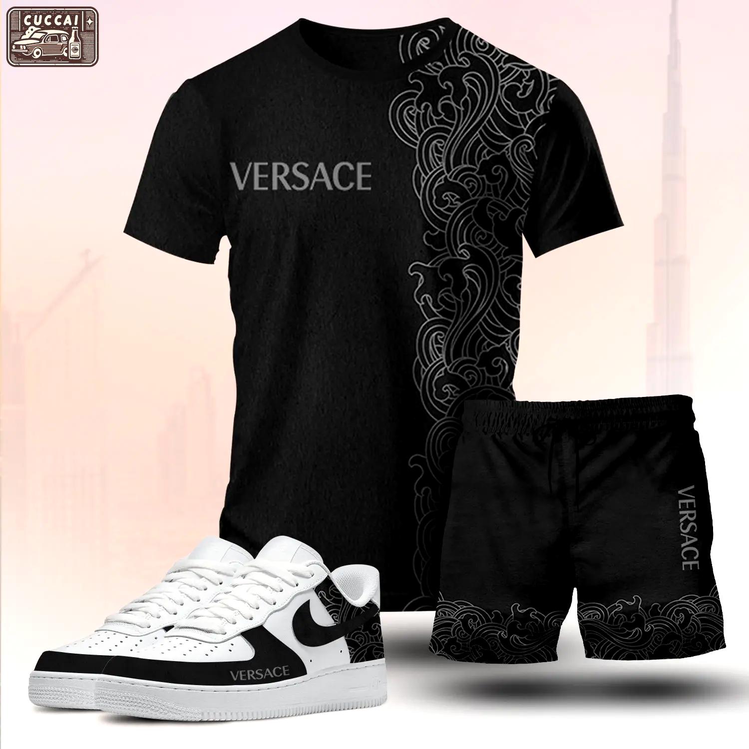 For the girls who love dark minimal streetwear, versace graphic tee set – black casual everyday outfit with luxury vibes T-Shirt Short Sneakers Set