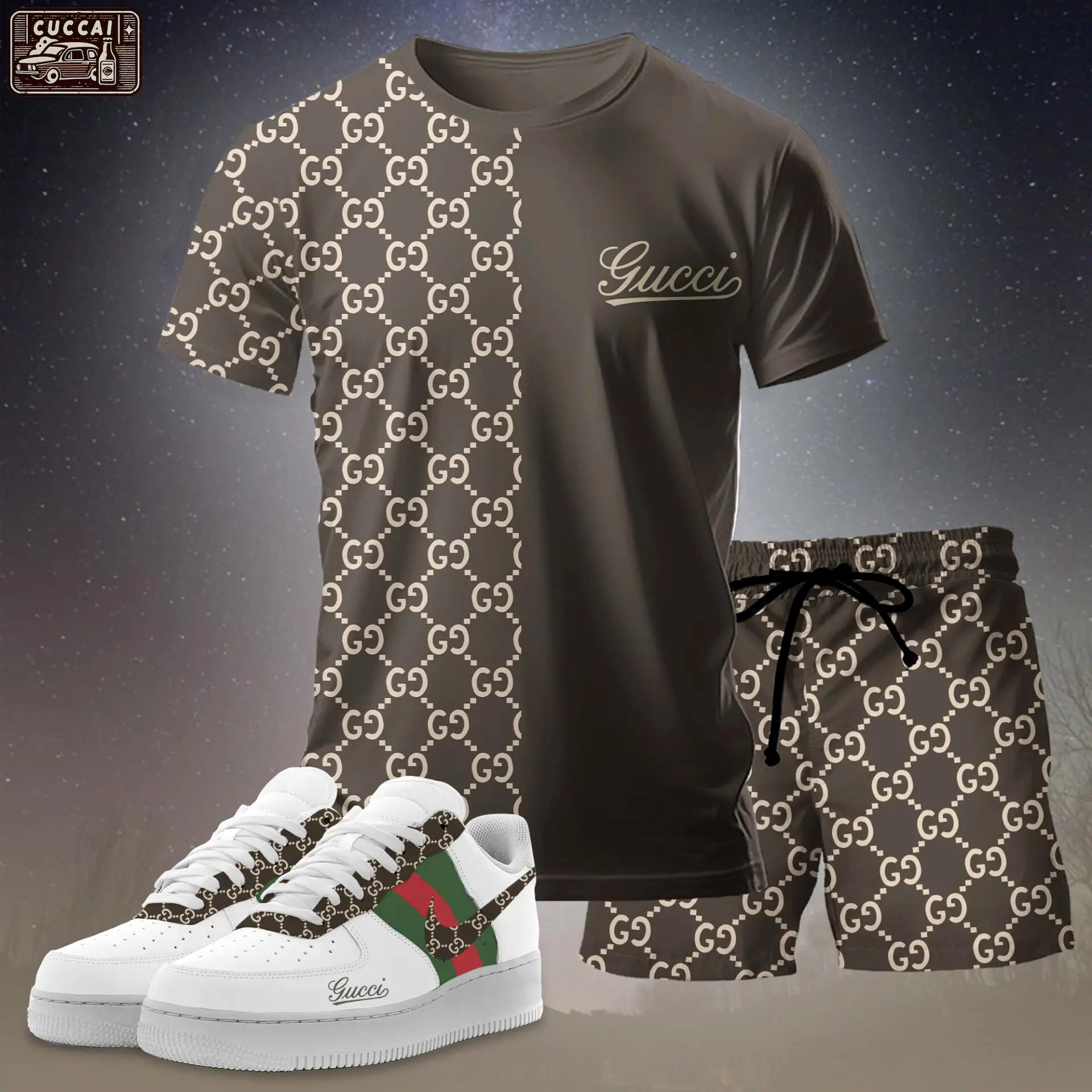 For the girls who love earthy neutral tones, minimal split monogram tee outfit t-shirt – brown and beige graphic print | casual everyday outfit aesthetic ideas T-Shirt Short Sneakers Set