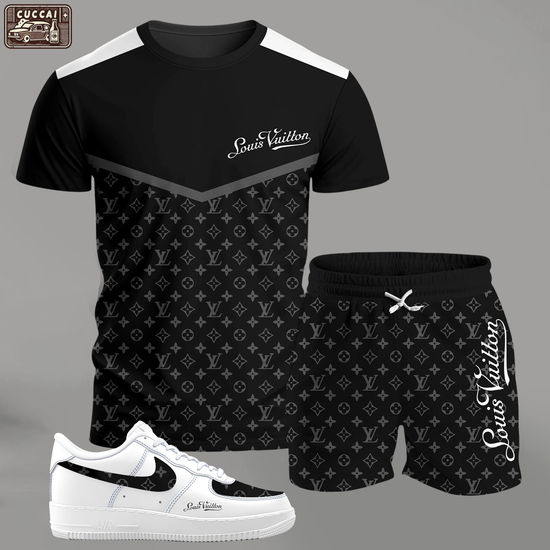 For the girls who love monochrome street style, black panel monogram outfit t-shirt set | minimal aesthetic everyday wear T-Shirt Short Sneakers Set