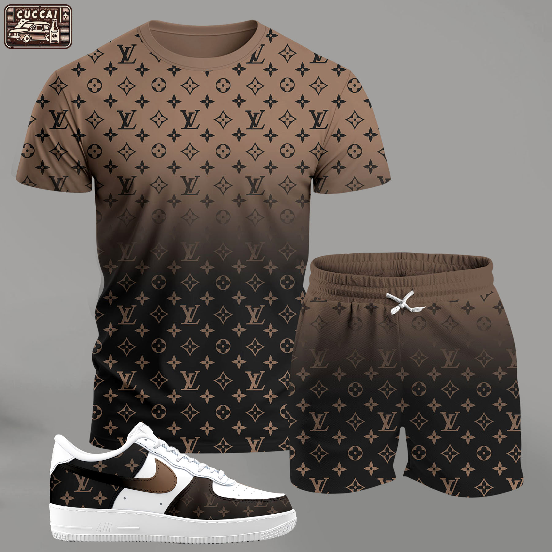 For the girls who love neutral tones, brown gradient monogram outfit t-shirt set | minimal aesthetic everyday wear T-Shirt Short Sneakers Set