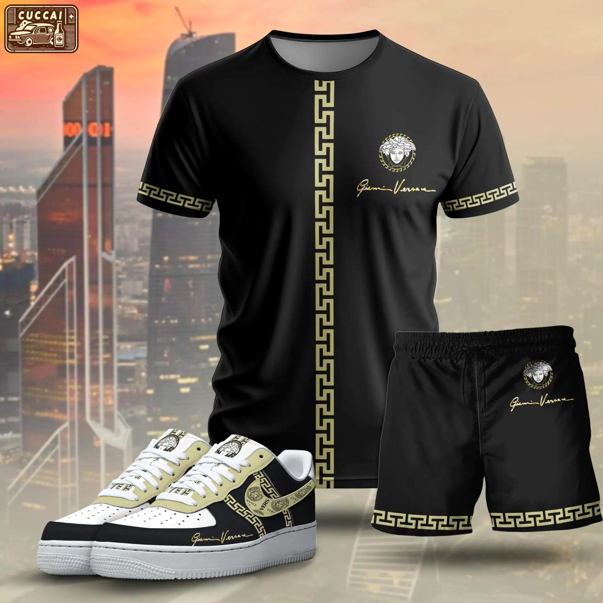 For the girls who love quiet luxury streetwear, versace graphic tee set – black gold minimal casual everyday outfit T-Shirt Short Sneakers Set