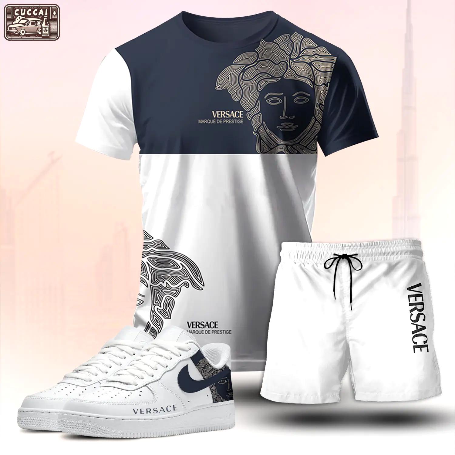 For the girls who love quiet luxury style, versace graphic tee set – navy white casual everyday outfit ideas T-Shirt Short Sneakers Set