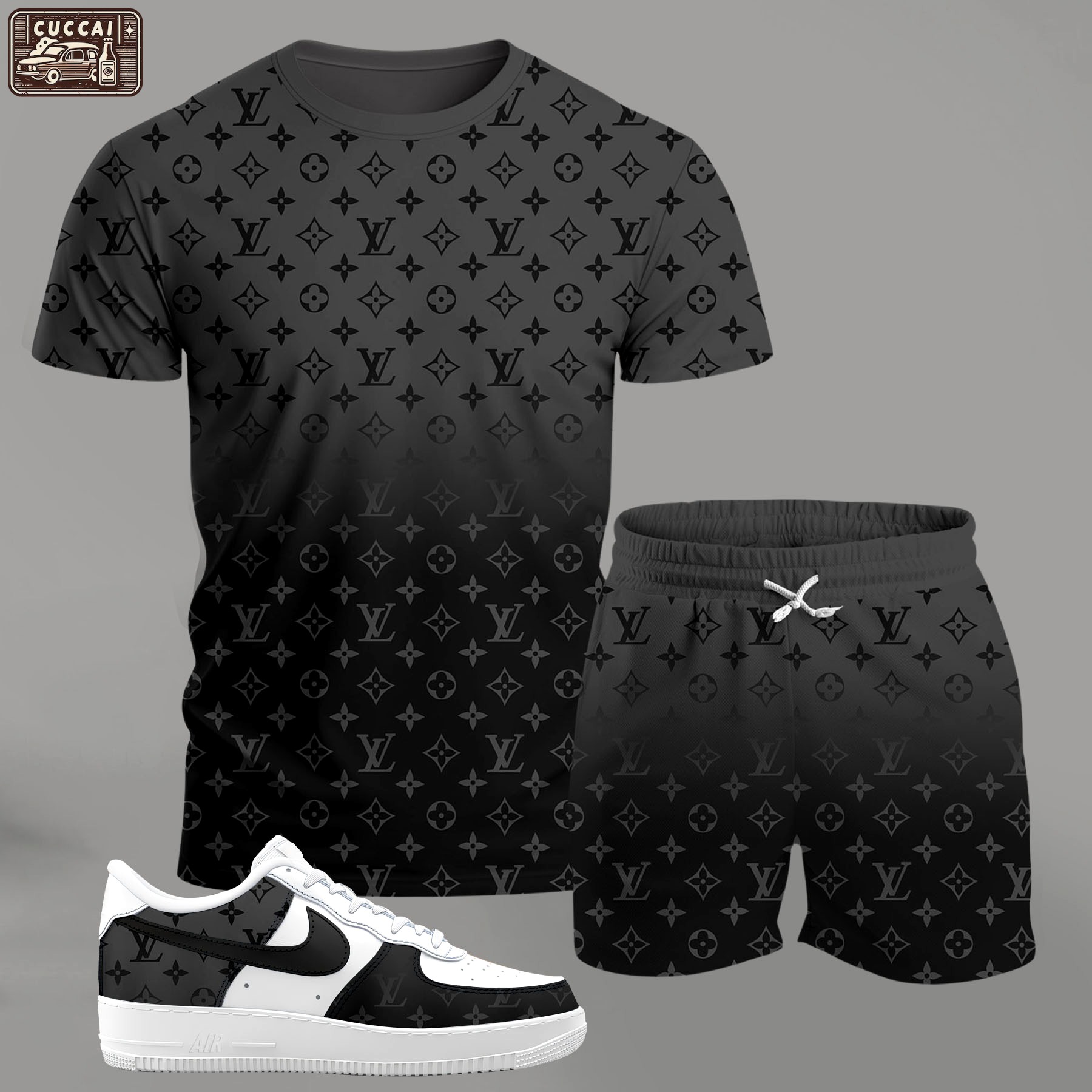 For the girls who love sleek monochrome streetwear, all-over pattern black gradient outfit t-shirt set | minimal aesthetic everyday wear T-Shirt Short Sneakers Set
