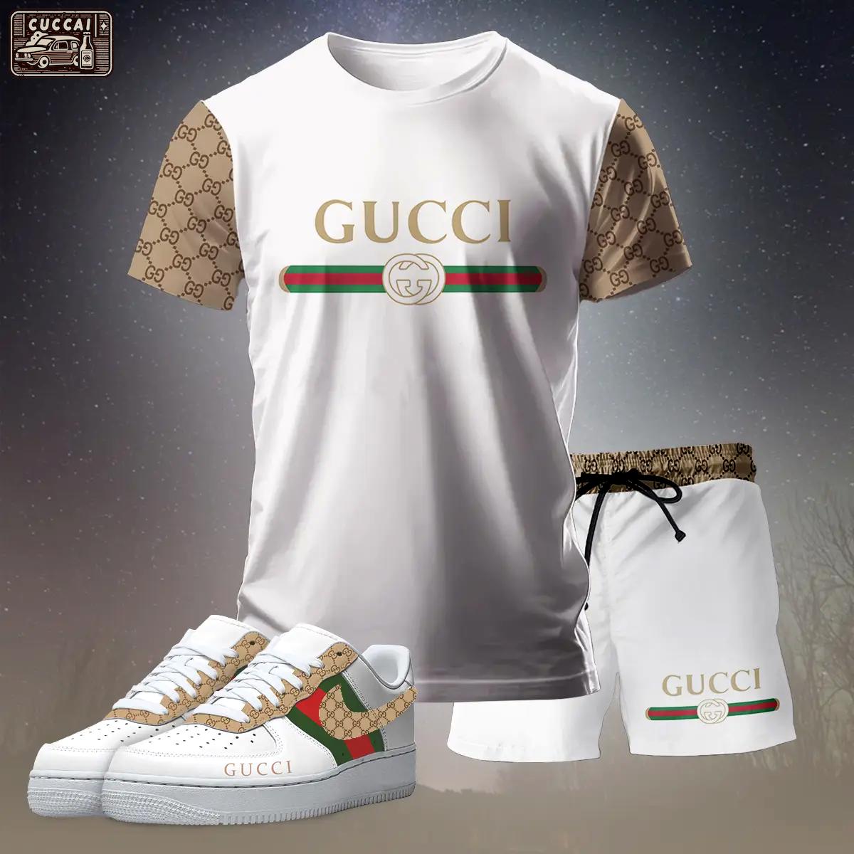 For the girls who love soft luxury style, gucci graphic tee set – white minimal casual everyday outfit ideas T-Shirt Short Sneakers Set