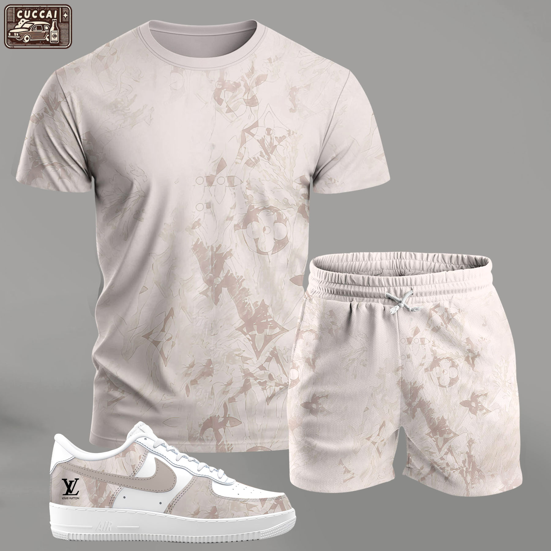 For the girls who love soft neutral tones, beige abstract pattern outfit t-shirt set | minimal aesthetic everyday wear T-Shirt Short Sneakers Set