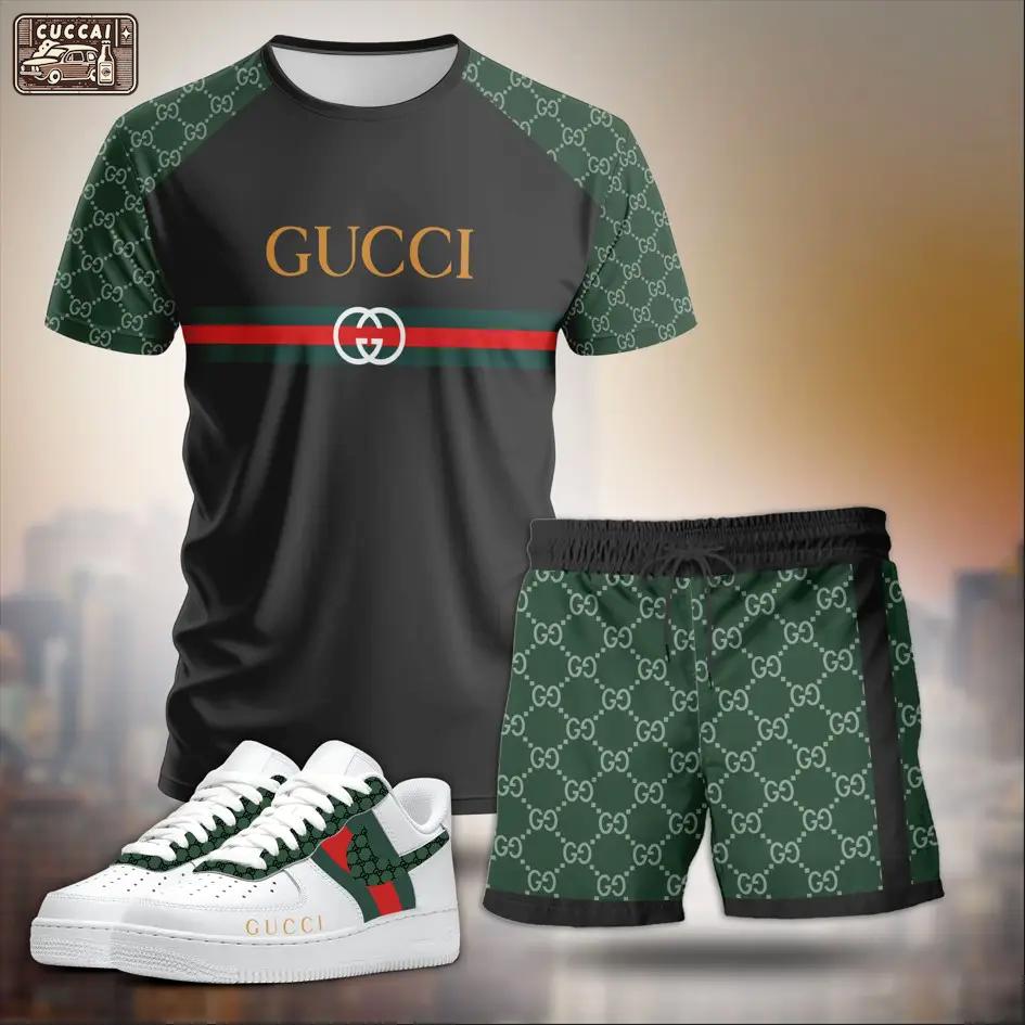 For the girls who love sporty luxe contrast, minimal logo stripe tee outfit t-shirt – black and green monogram print | casual everyday outfit aesthetic ideas T-Shirt Short Sneakers Set