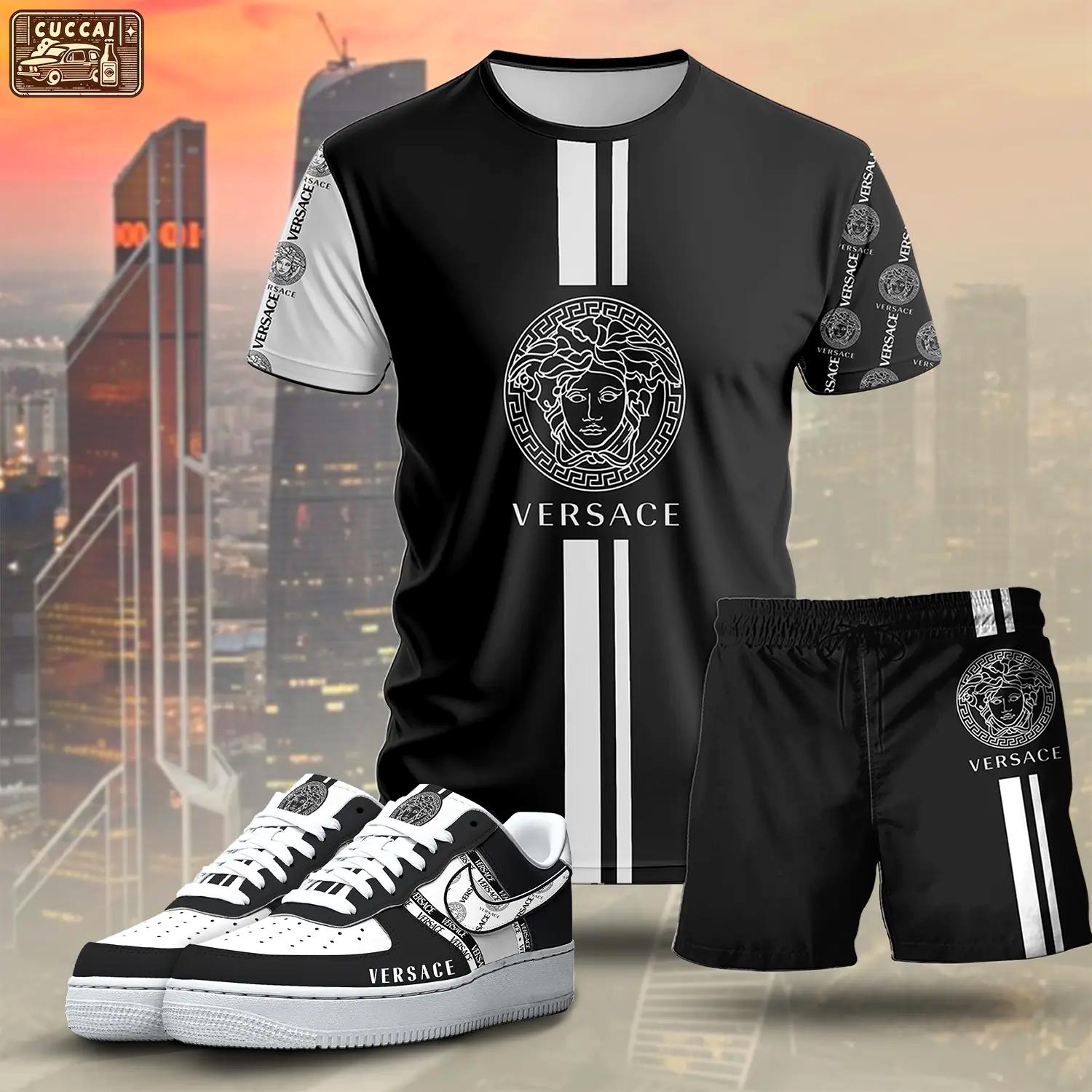For the girls who love sporty luxury streetwear, versace graphic tee set – black minimal casual everyday outfit ideas T-Shirt Short Sneakers Set