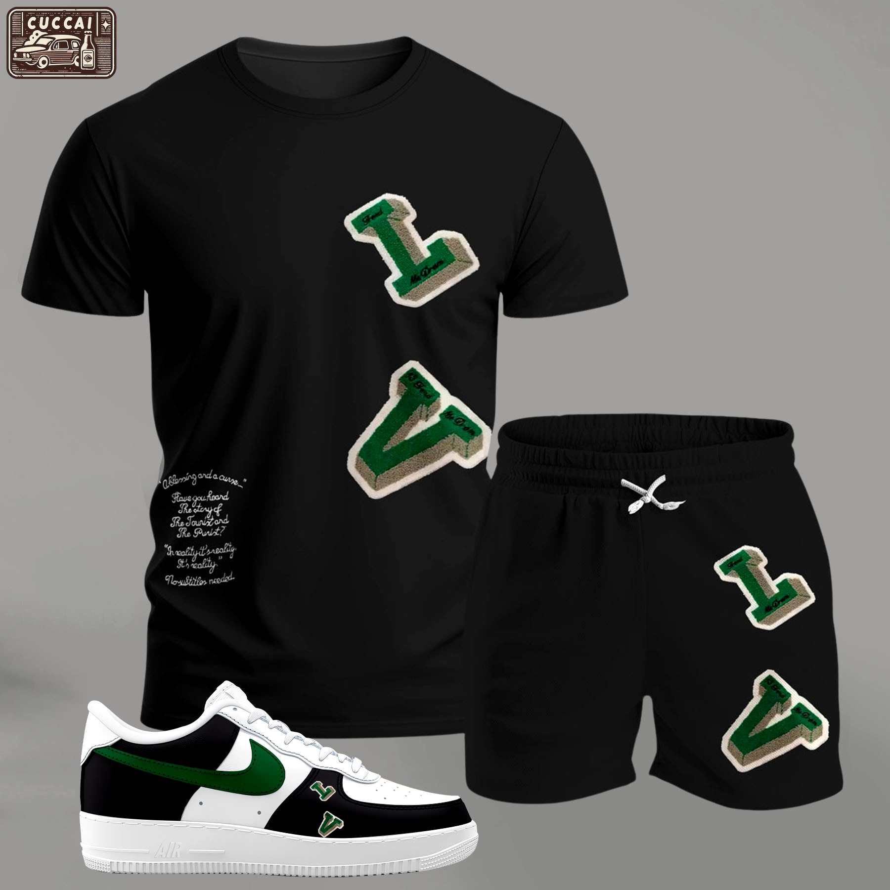 For the girls who love sporty minimal edge, graphic letter patch tee outfit t-shirt – black with green accents | casual everyday outfit aesthetic ideas T-Shirt Short Sneakers Set