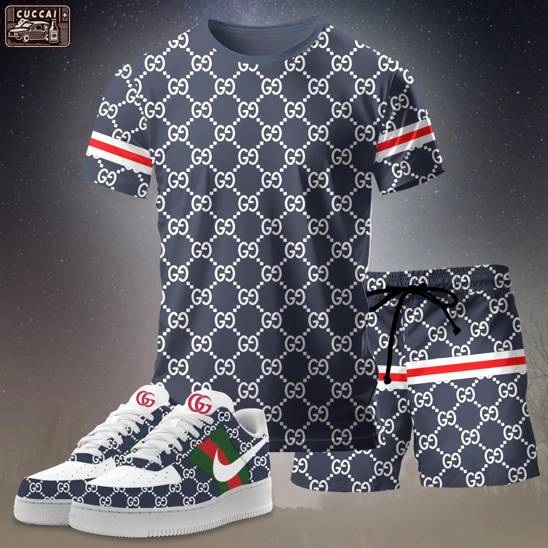 For the girls who love sporty minimal prints, monogram graphic tee outfit t-shirt – navy all-over pattern | casual everyday outfit aesthetic ideas T-Shirt Short Sneakers Set