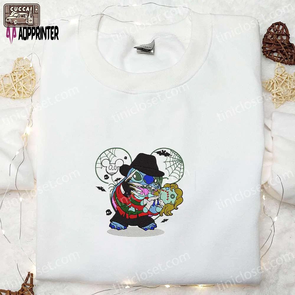 Freddy krueger x stitch disney sweatshirt: horror movie embroidered hoodie & halloween shirt Embroidered Shirt