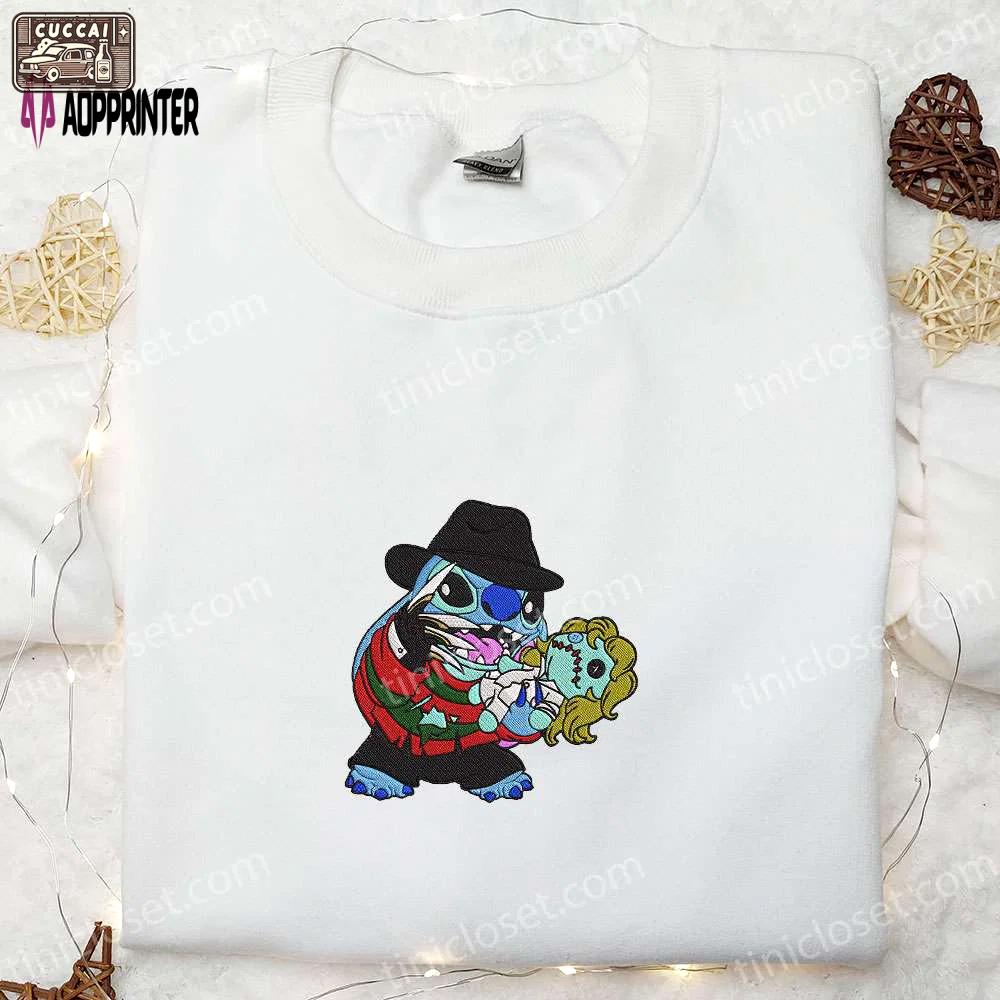 Freddy krueger x stitch doll embroidered sweatshirt – silhouette horror movies hoodie disney halloween gifts Embroidered Shirt