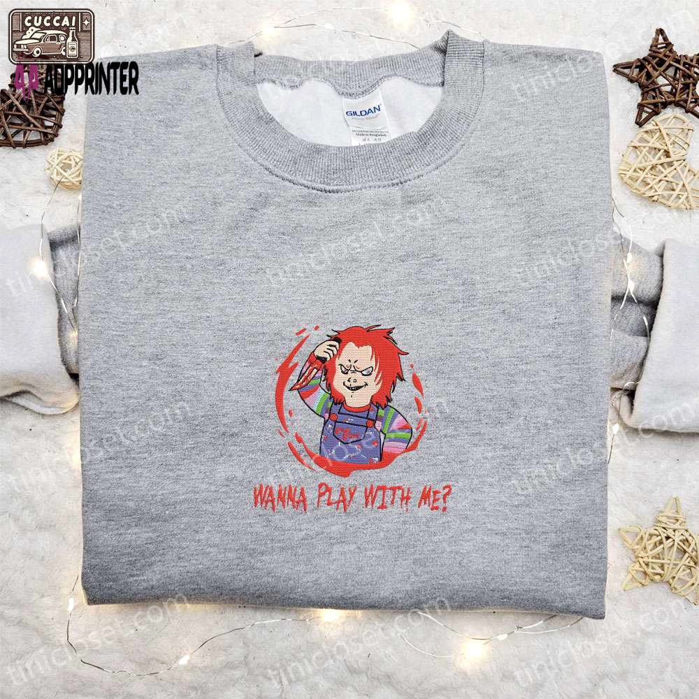 Get spooked with chucky wanna play with me embroidered shirt – horror movie characters & spooky shirts Embroidered Shirt